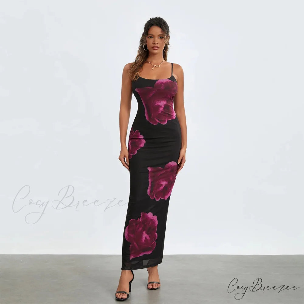 Sleeveless Spaghetti Strap Floral Split Back Hem Dress Black / S floraldress-250126