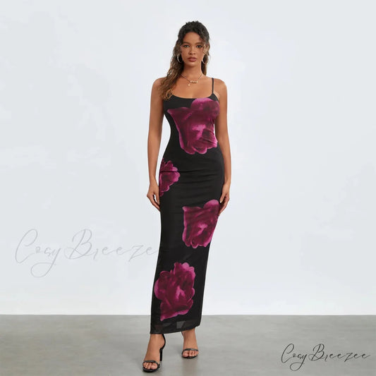 Sleeveless Spaghetti Strap Floral Split Back Hem Dress Black / S floraldress-250126