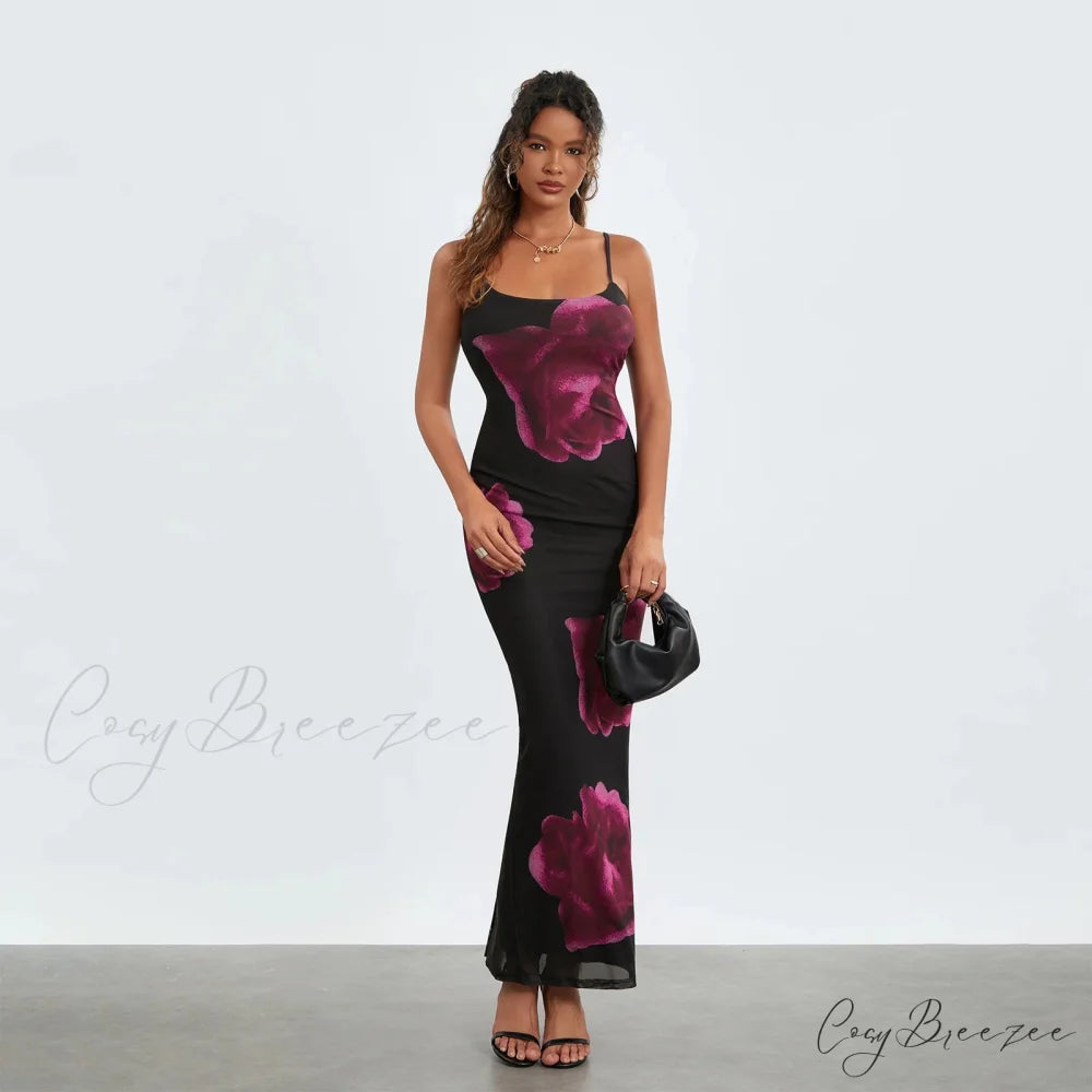 Sleeveless Spaghetti Strap Floral Split Back Hem Dress floraldress-250126