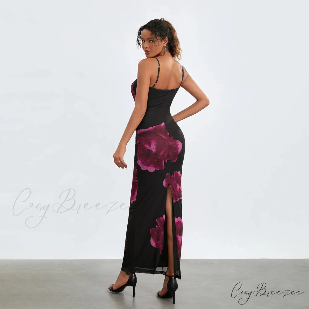 Sleeveless Spaghetti Strap Floral Split Back Hem Dress floraldress-250126