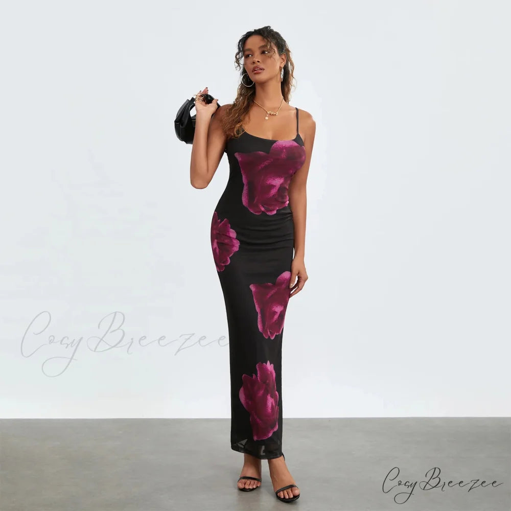 Sleeveless Spaghetti Strap Floral Split Back Hem Dress floraldress-250126