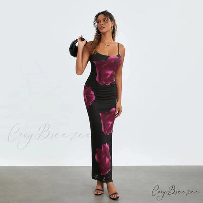 Sleeveless Spaghetti Strap Floral Split Back Hem Dress floraldress-250126