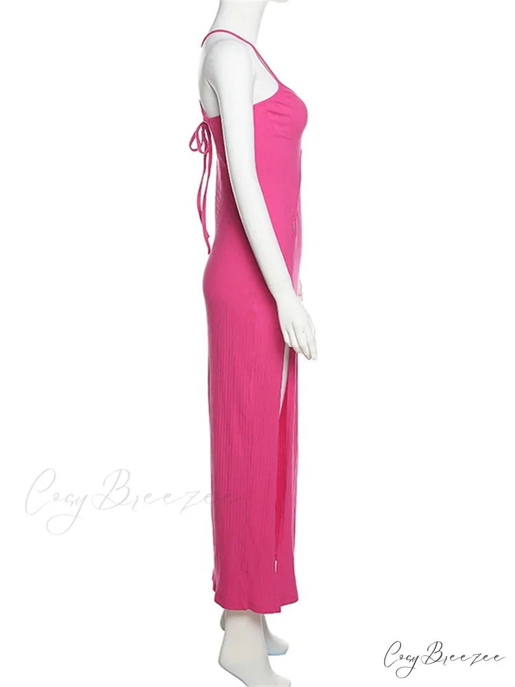 Sleeveless Strap Low Cut Sexy Women New Hollow Out Side Split Summer Beach Female Vestidos