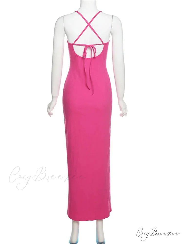 Sleeveless Strap Low Cut Sexy Women New Hollow Out Side Split Summer Beach Female Vestidos