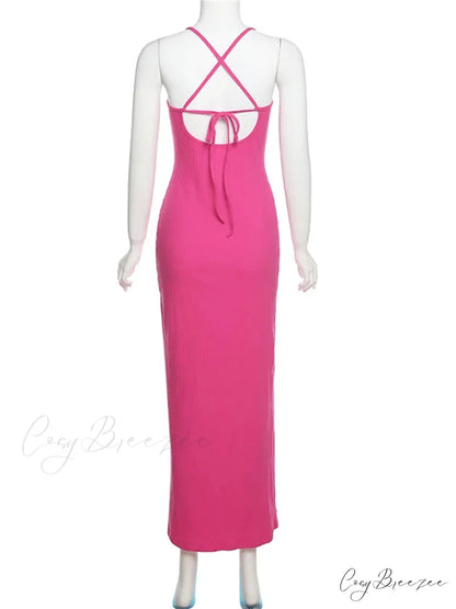 Sleeveless Strap Low Cut Sexy Women New Hollow Out Side Split Summer Beach Female Vestidos