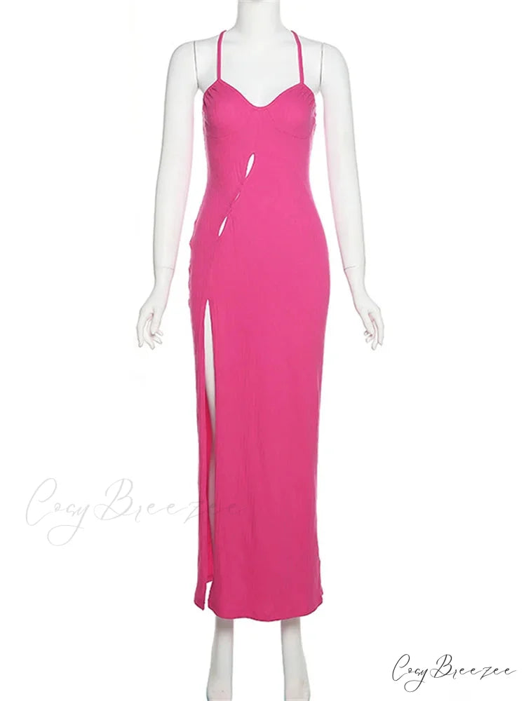 Sleeveless Strap Low Cut Sexy Women New Hollow Out Side Split Summer Beach Female Vestidos Pink / S