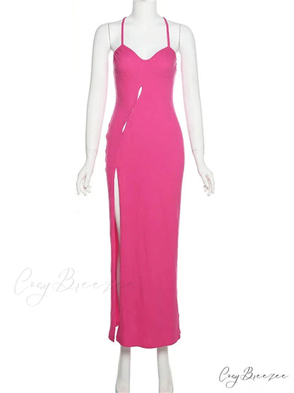 Sleeveless Strap Low Cut Sexy Women New Hollow Out Side Split Summer Beach Female Vestidos Pink / S