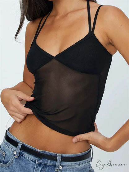 Sleeveless Strap Patchwork Mesh Tank Crop Top BLACK / S croptop-250126