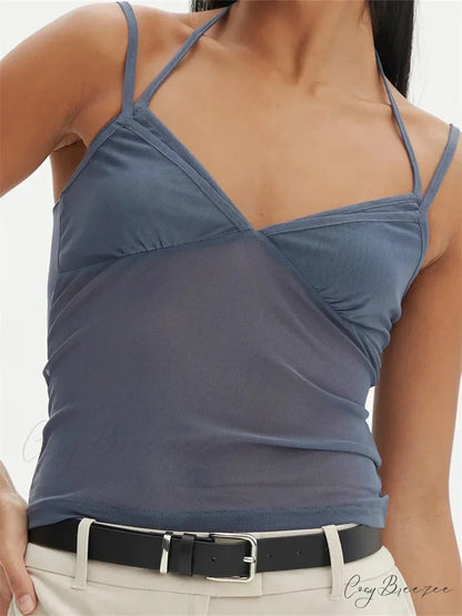 Sleeveless Strap Patchwork Mesh Tank Crop Top BLUE1 / S croptop-250126
