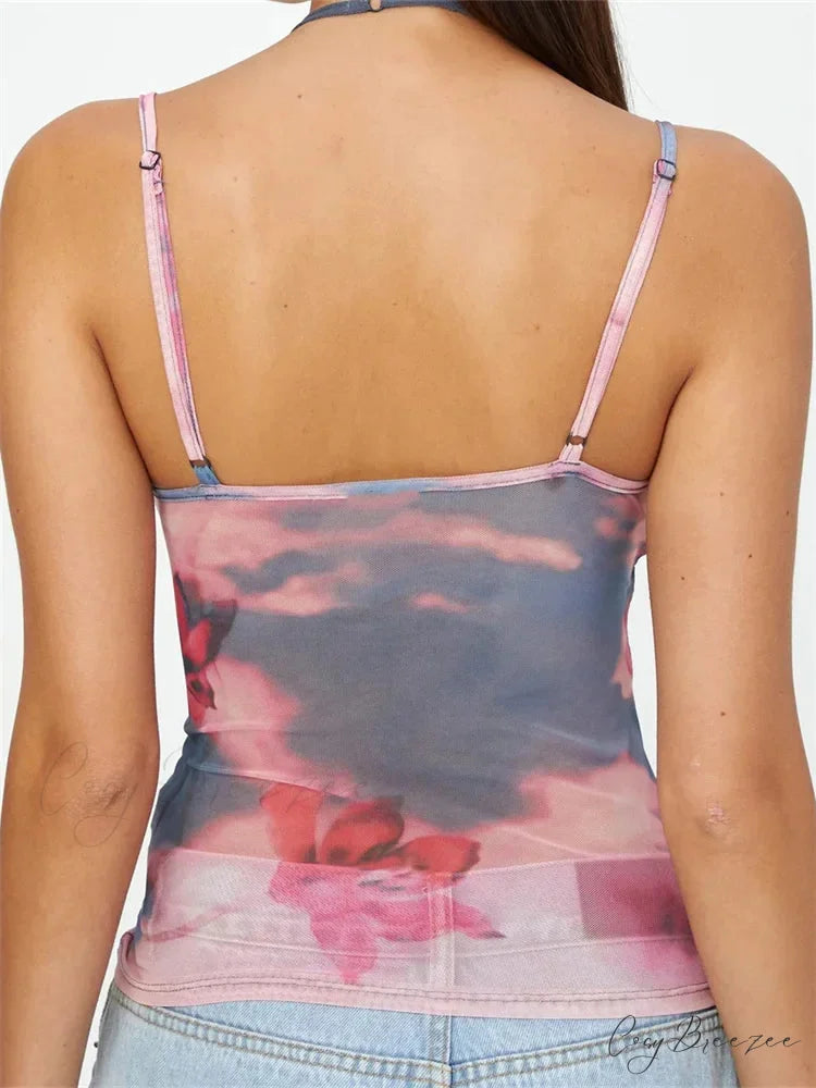 Sleeveless Strap Patchwork Mesh Tank Crop Top croptop-250126