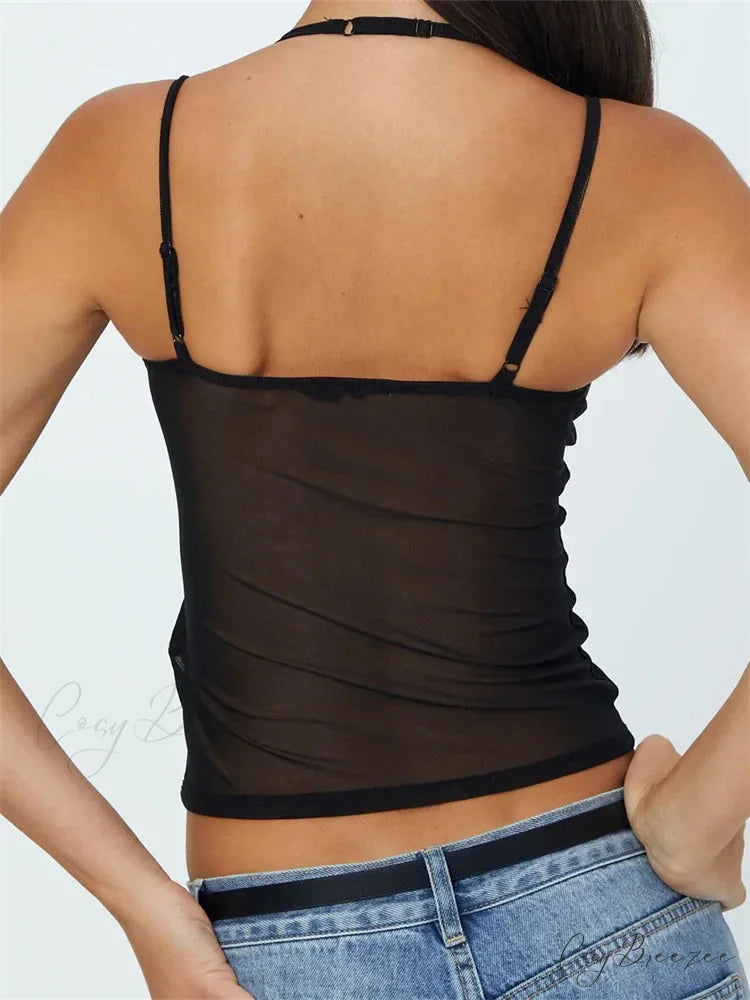Sleeveless Strap Patchwork Mesh Tank Crop Top croptop-250126