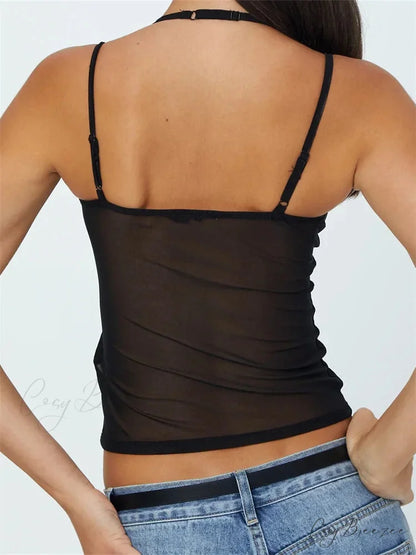 Sleeveless Strap Patchwork Mesh Tank Crop Top croptop-250126