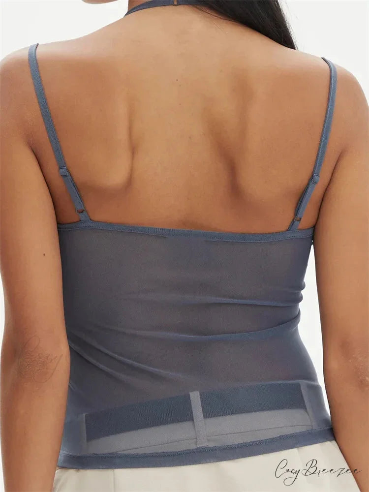 Sleeveless Strap Patchwork Mesh Tank Crop Top croptop-250126