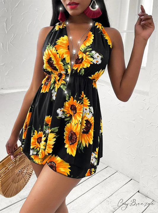 Sleeveless Sunflower Dress with Drawstring S / BLACK