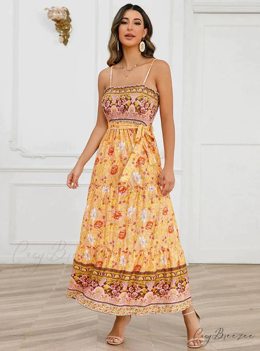 Sleeveless Suspender Dress with Solid Color Stitching S / YELLOW