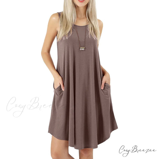 Sleeveless Swing T-Shirt Dress with Pockets for Women Khaki / S