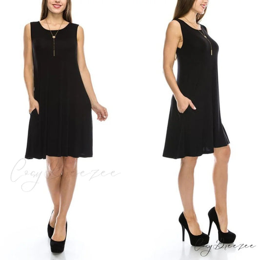 Sleeveless Tunic Dress with Pockets - Various Sizes Black / S