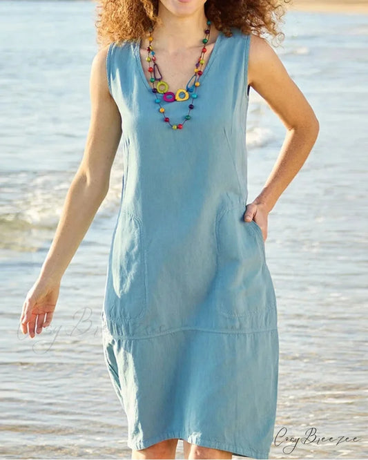 Sleeveless U-neck Dress with Pocket Sky blue / S