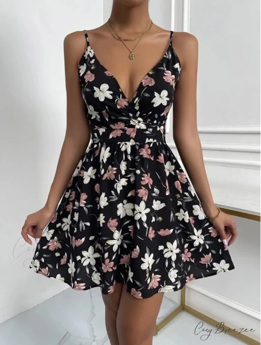 Sleeveless V-Neck Backless Mini Dress for Summer Parties S / BLACK