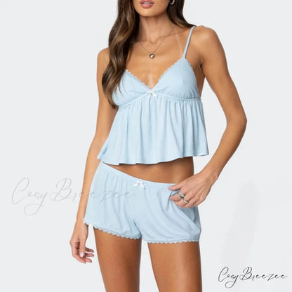 Sleeveless V Neck Cami Babydoll Crop Top Lace Trim Shorts Two Pieces Set Blue / S twopiecesset-250126