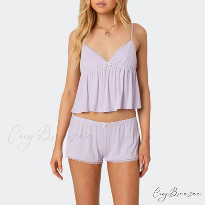Sleeveless V Neck Cami Babydoll Crop Top Lace Trim Shorts Two Pieces Set PURPLE / S twopiecesset-250126