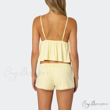 Sleeveless V Neck Cami Babydoll Crop Top Lace Trim Shorts Two Pieces Set twopiecesset-250126