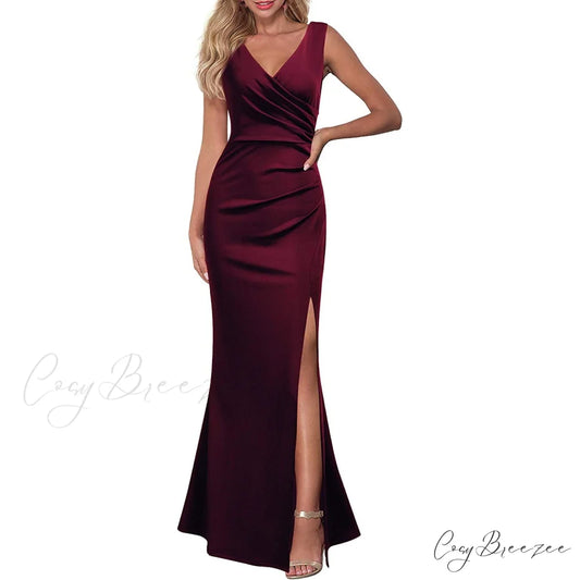 Sleeveless V Neck Split Evening Cocktail Long Dress for Women Burgundy / S