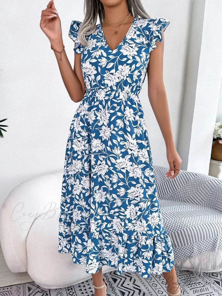 Sleeveless V Neck Summer A Line Midi Dress Boho Dress DEEP BLUE / S