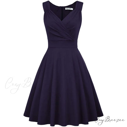 Sleeveless Wrap V-Neck A-line Bridesmaid Cocktail Party Dress for Women Navy Blue / S