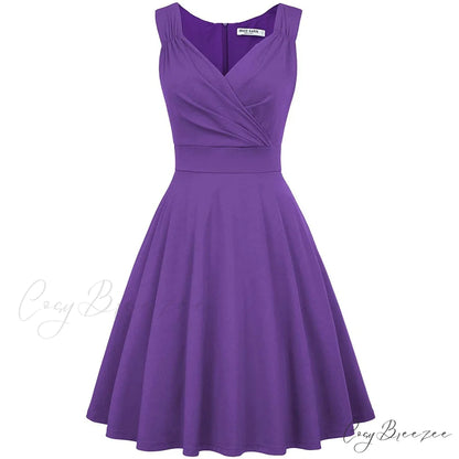 Sleeveless Wrap V-Neck A-line Bridesmaid Cocktail Party Dress for Women Purple / S