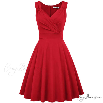 Sleeveless Wrap V-Neck A-line Bridesmaid Cocktail Party Dress for Women Red / S