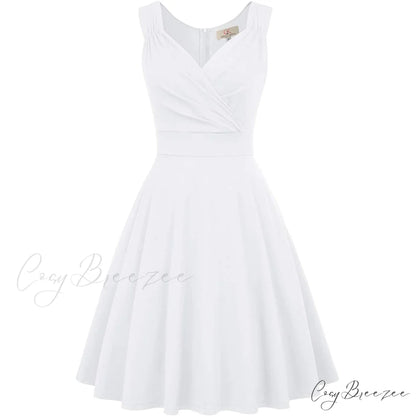 Sleeveless Wrap V-Neck A-line Bridesmaid Cocktail Party Dress for Women White / S
