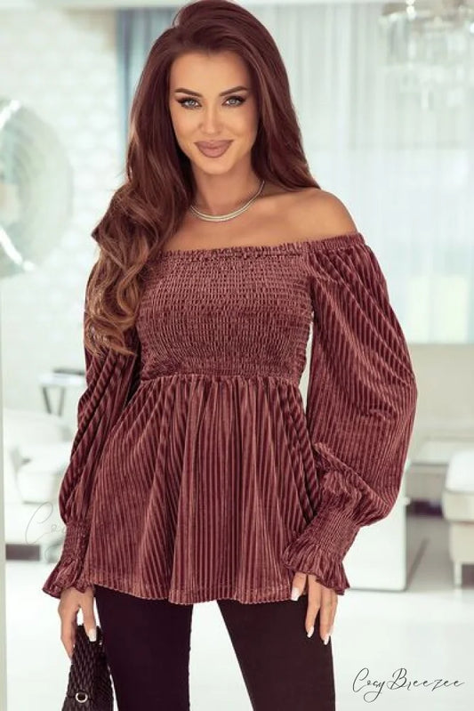 Sleeves Arm The with Top Lantern Detail Peplum for Off Smocked Velvet Long and Shoulder Women Light Mauve / S