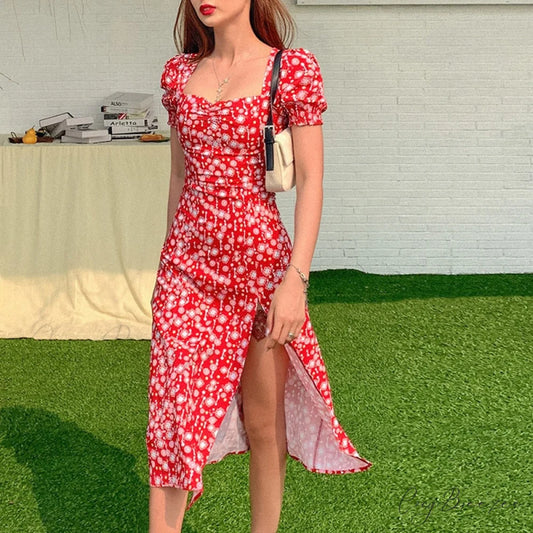 Sleeves Puff Vintage Party and Flowered Gown with Print