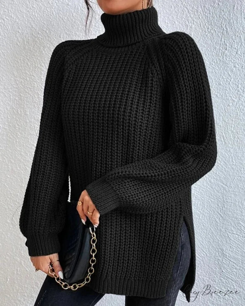 sleeves with raglan sweater and Turtleneck slit