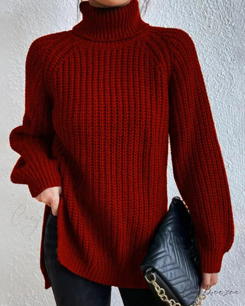 sleeves with raglan sweater and Turtleneck slit Burgundy / S