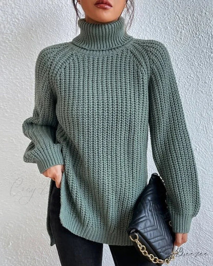 sleeves with raglan sweater and Turtleneck slit Green / S