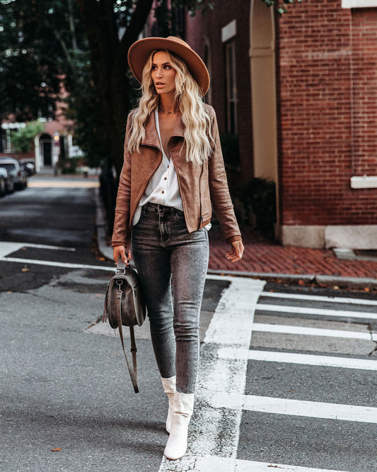 Taupe Coated Faux Leather Moto Jacket by Slick Chick