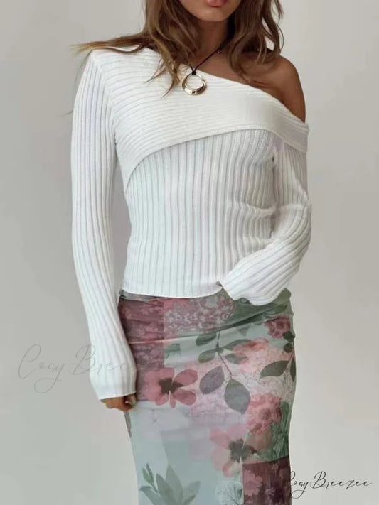 Slim Arm Fit Sloped Long Solid Shoulder Lapel Knitted Color Sweater White / S