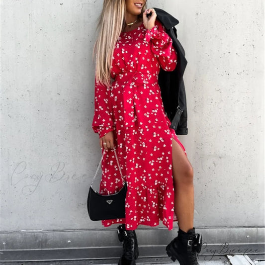 Slim Autumn Gown Party Elegant - Side - Neck Slit Flowered Women’s Design Arm Fit V Long Elastic Spring Waist Vestidos
