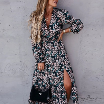 Slim Autumn Gown Party Elegant - Side - Neck Slit Flowered Women’s Design Arm Fit V Long Elastic Spring Waist Vestidos