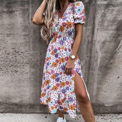 Slim Autumn Gown Party Elegant - Side - Neck Slit Flowered Women’s Design Arm Fit V Long Elastic Spring Waist Vestidos