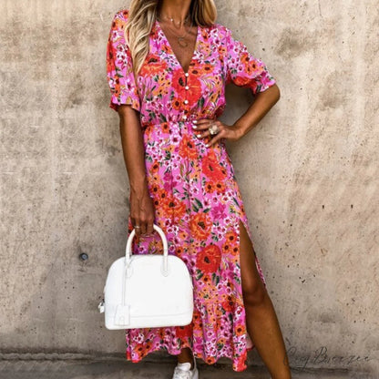 Slim Autumn Gown Party Elegant - Side - Neck Slit Flowered Women’s Design Arm Fit V Long Elastic Spring Waist Vestidos
