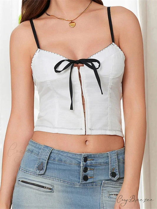Slim Bow Tie-up Spaghetti Strap Button Crop Top WHITE / S croptop-250126