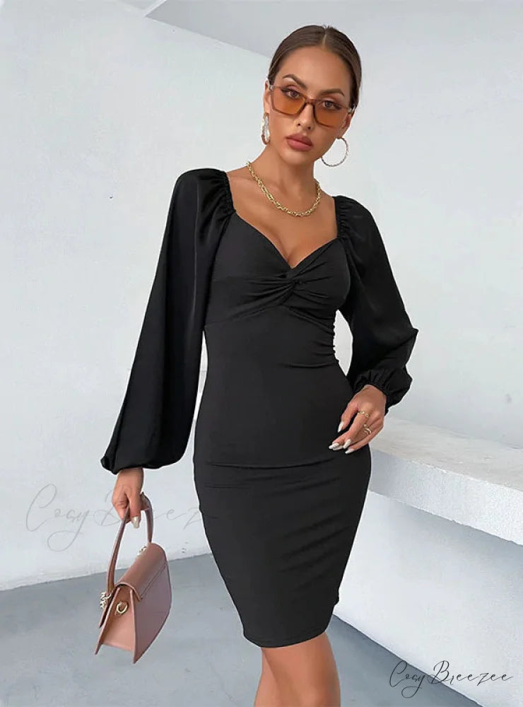 SLIM BUBBLE SLEEVE KNITTED PENCIL TIGHT DRESS
