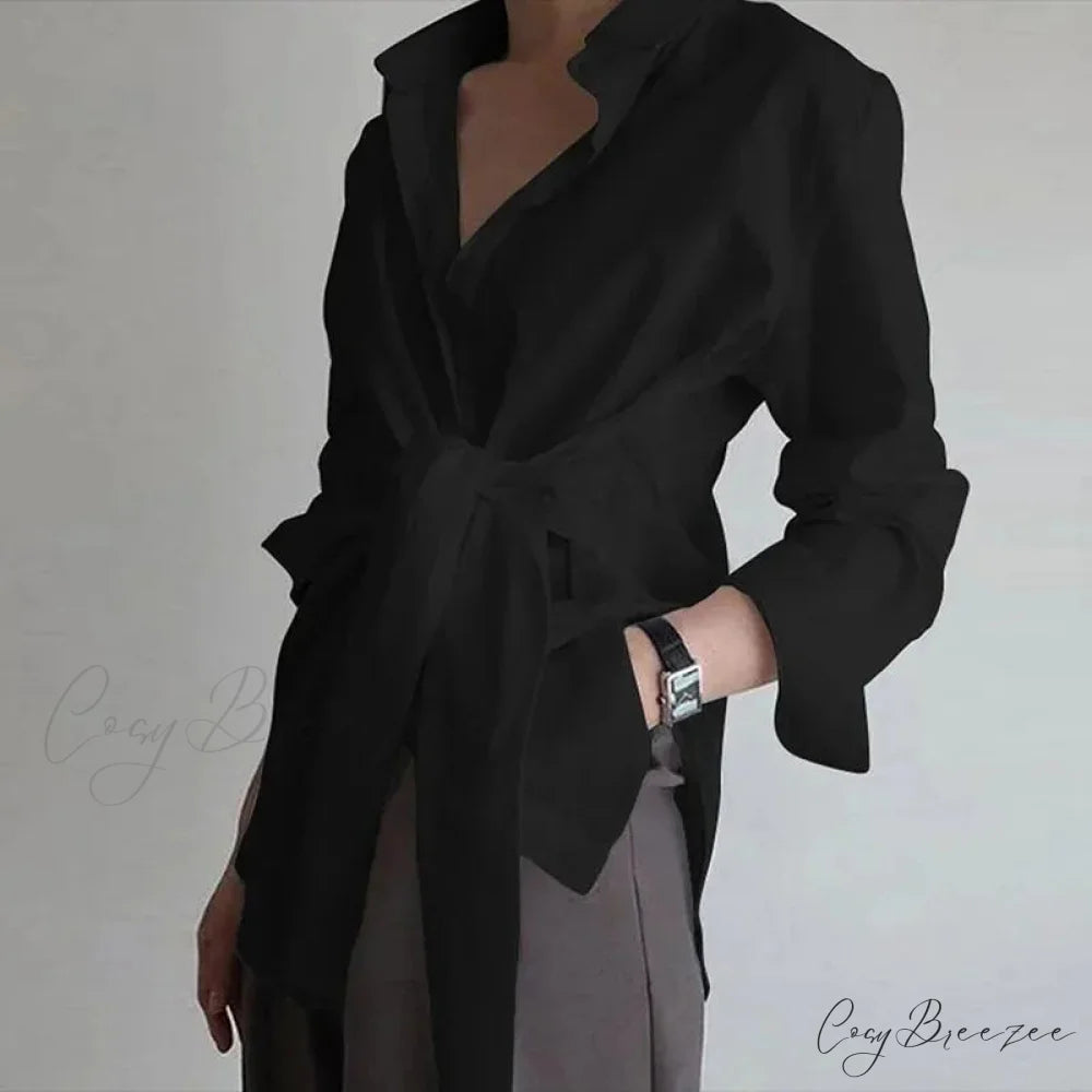 Slim Buttoned Gathered Lace-Up Blouse Black / S blouse-250223