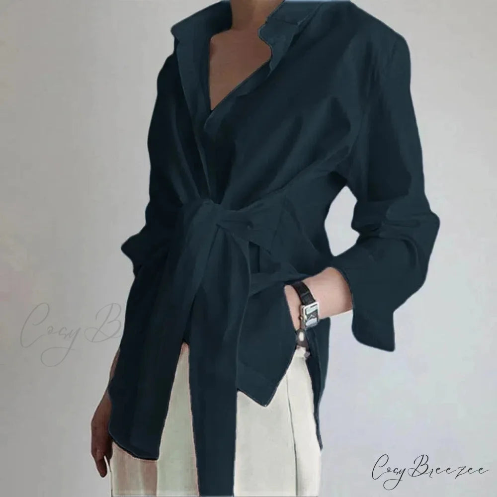 Slim Buttoned Gathered Lace-Up Blouse Blue / S blouse-250223