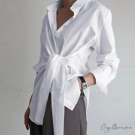 Slim Buttoned Gathered Lace-Up Blouse WHITE / S blouse-250223