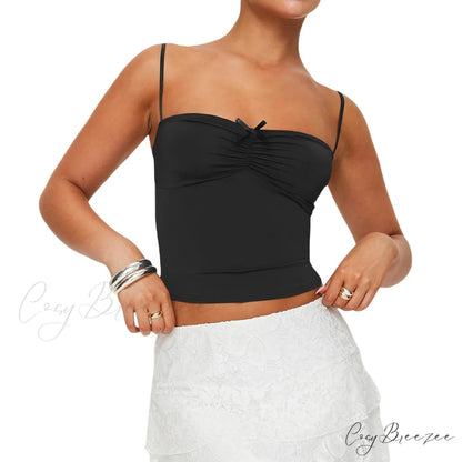 Slim Fit 3D Bow Ruched Sweetheart Neck Backless Spaghetti Strap Stylish Elegant Crop Top Black / S