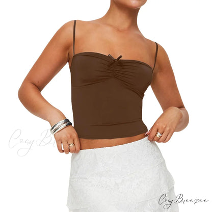 Slim Fit 3D Bow Ruched Sweetheart Neck Backless Spaghetti Strap Stylish Elegant Crop Top Coffee / S